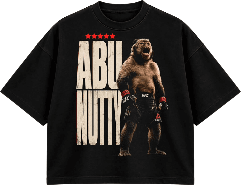 Black Abu Nutty Fight Tee with oversized distressed fight graphic