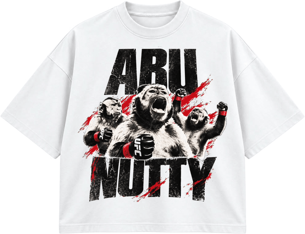 White Abu Nutty Riot Tee with three-up fight graphic and red paint strokes