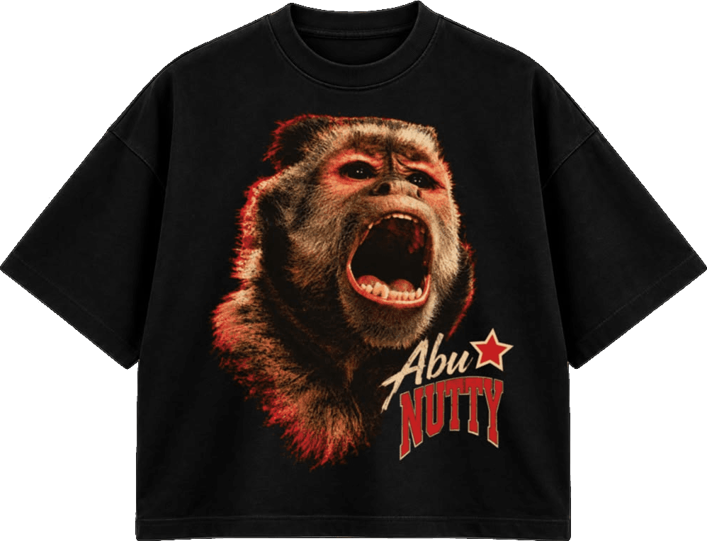 Black Abu Nutty Roar Tee with a full-bleed roaring portrait and red star script logo